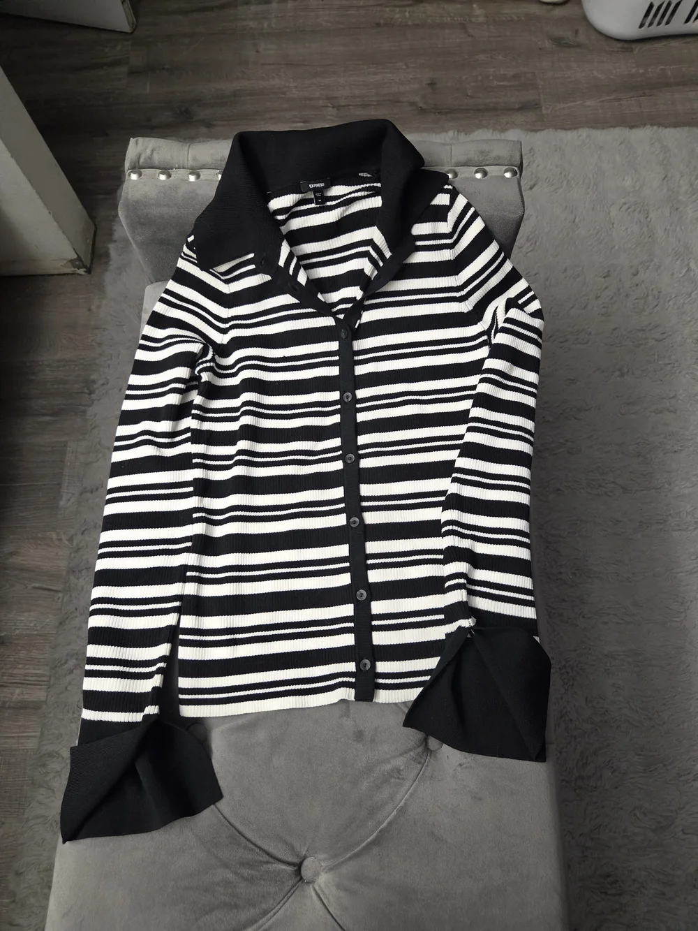 Express Black & White Striped Polo Cardigan with Contrast Collar - Beautiful